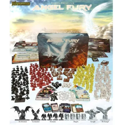 Angel Fury components with box, boards, cards, tokens, dice, and angel and demon miniatures.