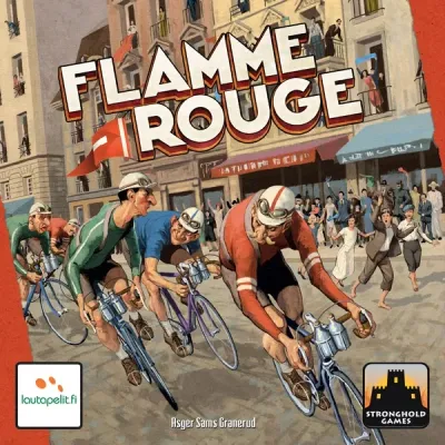 Flamme Rouge box front with cyclists racing through a city street.