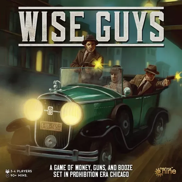 Wise Guys Prohibition-era strategy game box with gangsters firing from a getaway car.