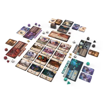 Dungeons & Dragons Vault of Dragons gameplay setup with faction boards, location cards, dice, tokens, and miniatures.