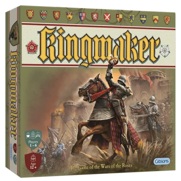Kingmaker Royal Relaunch strategy game box with mounted knight and Wars of the Roses battlefield artwork.