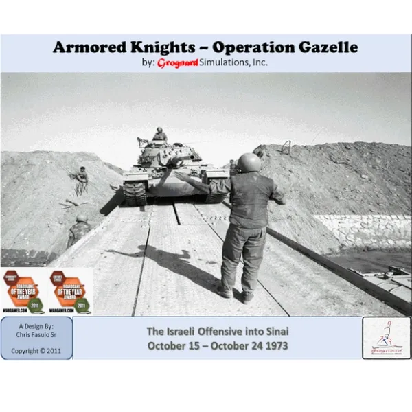 Box cover of Armored Knights: Operation Gazelle, showing an Israeli tank crossing a bridge in 1973.
