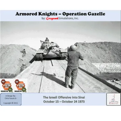 Box cover of Armored Knights: Operation Gazelle, showing an Israeli tank crossing a bridge in 1973.