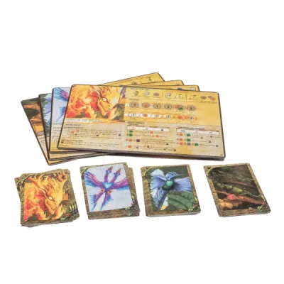 Spirit Island Feather &amp; Flame components with spirit panels, spirit cards, Fear cards, and expansion cards.