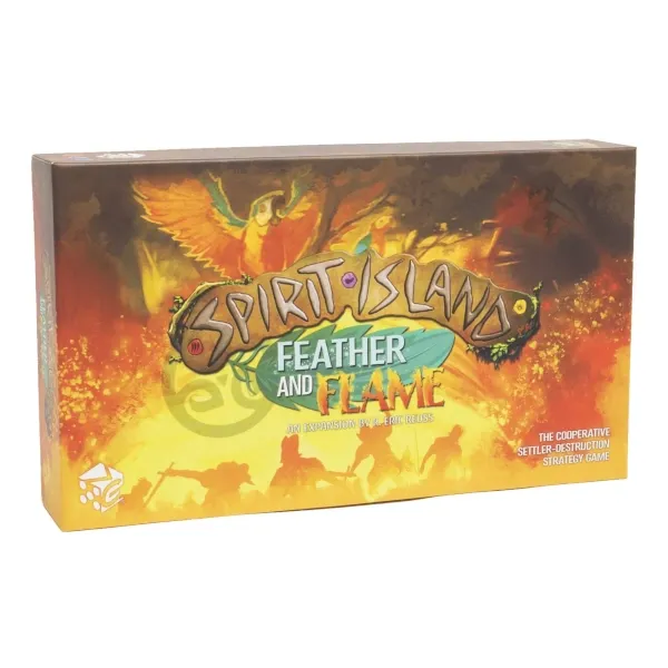 Spirit Island Feather &amp; Flame expansion box front showing fiery island artwork and spirit birds.