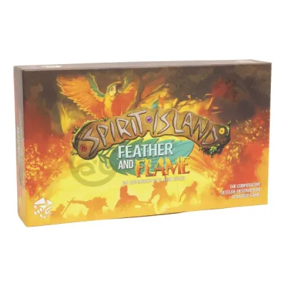 Spirit Island Feather &amp; Flame expansion box front showing fiery island artwork and spirit birds.