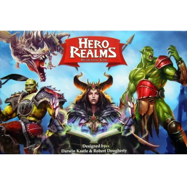 Hero Realms Deckbuilding Game box with fantasy heroes, monsters and the Hero Realms logo.