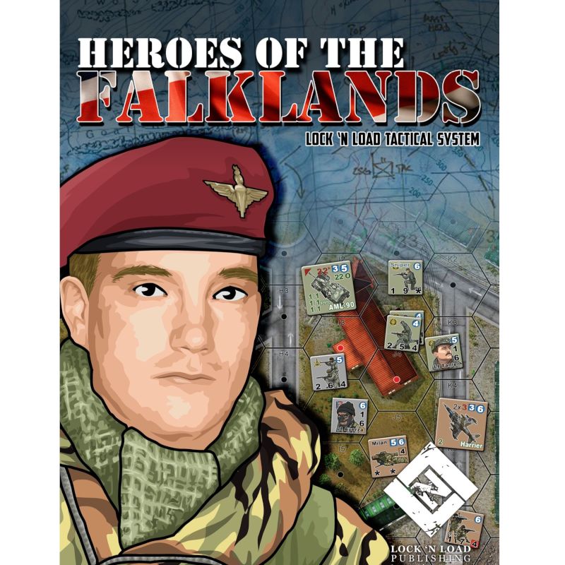 Heroes of the Falklands cover showing British paratrooper artwork with Falklands War tactical counters and map background.