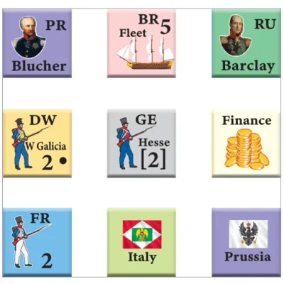 Strategy &amp; Tactics #350: Rêves de Gloire counters with leaders, fleets, finance, states, and army markers.
