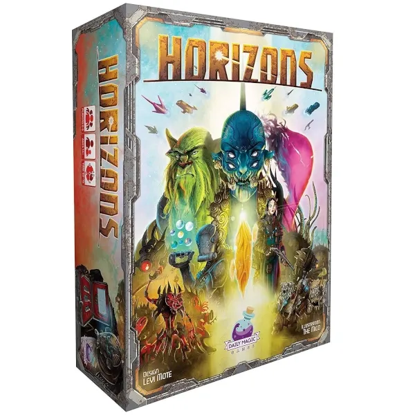 Horizons box front with colourful alien species, spaceships, and sci-fi exploration artwork.