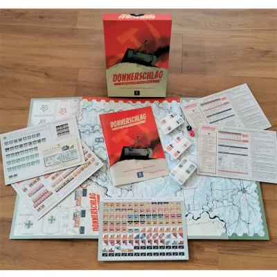 Donnerschlag Escape from Stalingrad components with box, mounted map, counters, cards, dice, player aids, and rulebook.