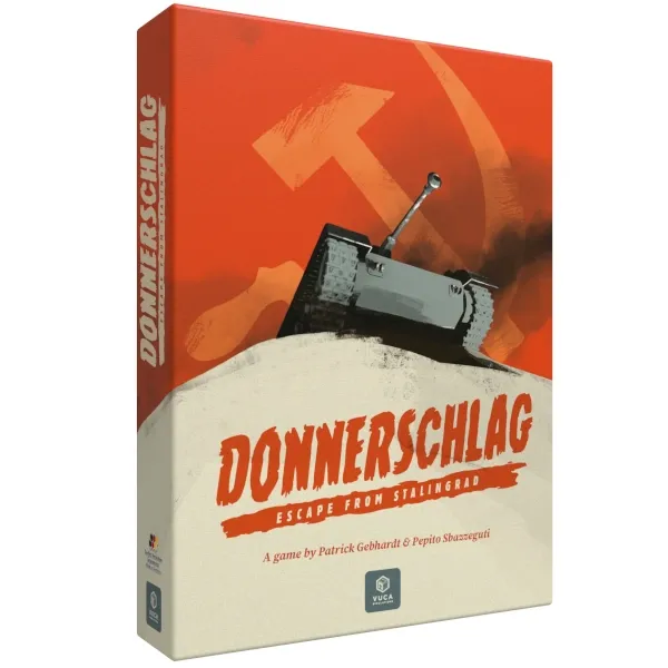 Donnerschlag Escape from Stalingrad box cover with a tank turret in snow against a red Soviet-themed background.