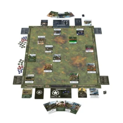 2GM Tactics Deluxe Edition set up with battlefield board, cards, counters, dice and player decks.