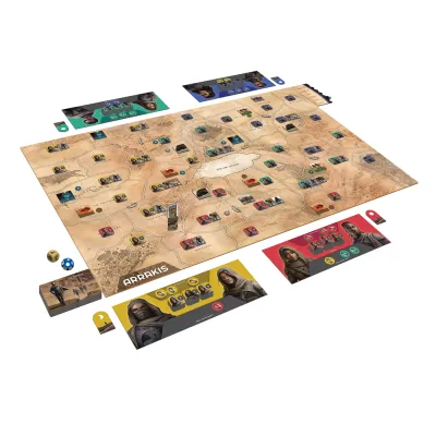 Dune Arrakis Dawn of the Fremen gameplay setup with desert map, tribe boards, cards, tokens, and dice.