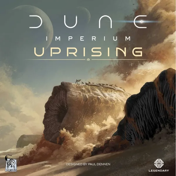 Dune Imperium Uprising box cover showing a sandworm erupting from the desert.