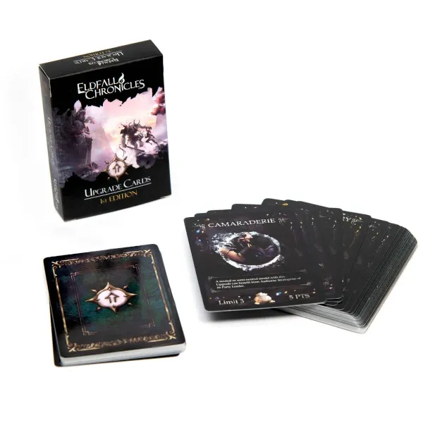 Eldfall Chronicles Upgrade Cards pack showing card box and upgrade card deck.