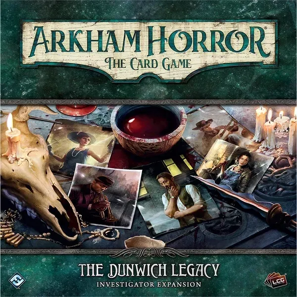 The Dunwich Legacy Investigator Expansion box for Arkham Horror LCG with photos, candles, and occult objects.