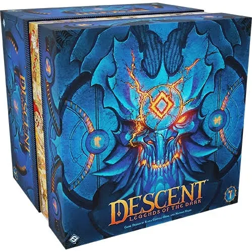 Descent: Legends of the Dark box front with blue dragon skull artwork and fantasy adventure styling.
