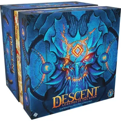 Descent: Legends of the Dark Descent: Legends of the Dark box front with blue dragon skull artwork and fantasy adventure styling.