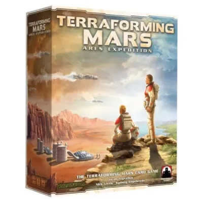 Terraforming Mars Ares Expedition box front showing astronauts overlooking a terraformed Mars landscape.