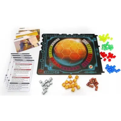 Terraforming Mars Ares Expedition components with Mars board, cards, player cubes, and resource markers.
