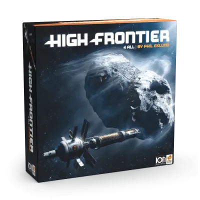 High Frontier 4 All box front showing a spacecraft approaching a large asteroid in deep space.