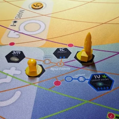 High Frontier 4 All map close-up with spacecraft markers, orbital paths, and asteroid sites.