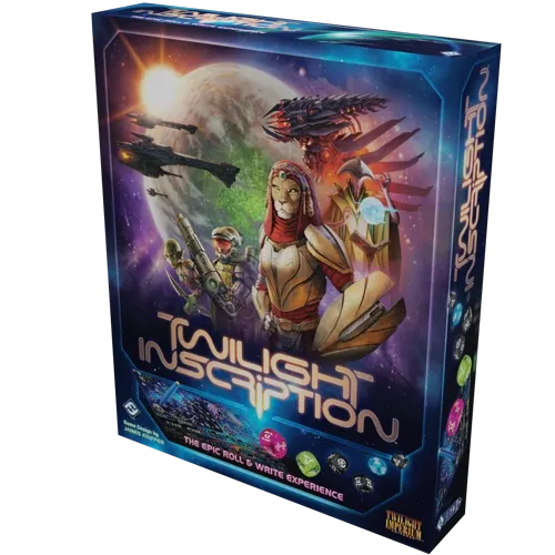 Twilight Inscription box front showing space fleets, planets, and Twilight Imperium faction characters.
