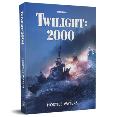 Twilight: 2000 – Hostile Waters expansion box with military boats crossing rough water under fire.