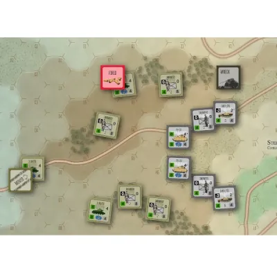 Kursk hex map with WWII units, tanks, wreck marker, and fired marker in open terrain with roads.