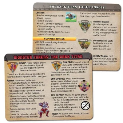 Castle Panic: The Dark Titan reference cards with monster and castle forces rules.