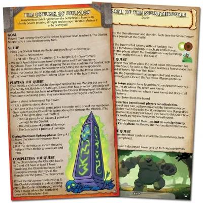 Castle Panic Crowns and Quests quest cards showing The Obelisk of Oblivion and Wrath of the Stonethrower.