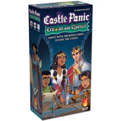 Castle Panic Crowns and Quests box front showing royal characters planning quests to save the castle.