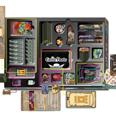 Castle Panic Big Box Second Edition storage insert showing organized cards, tokens, boards, castle pieces, and expansions.
