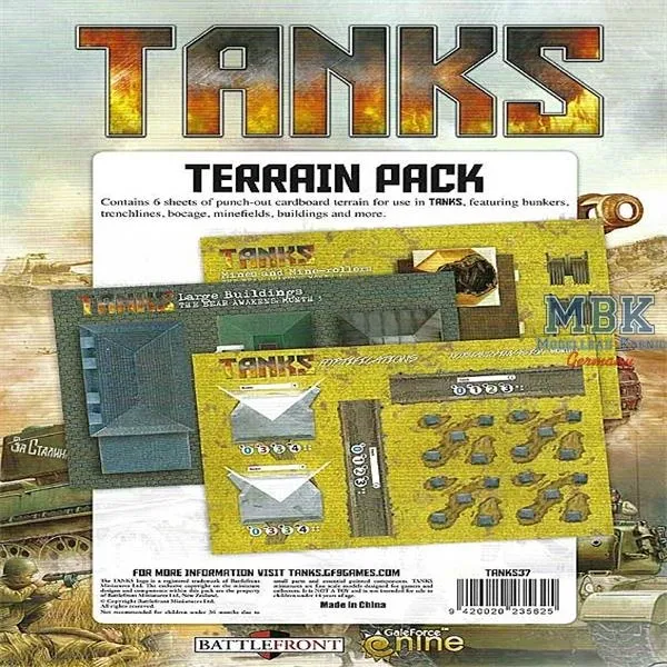 TANKS Terrain Pack with punch-out cardboard bunkers, bocage, minefields, buildings and obstacles.