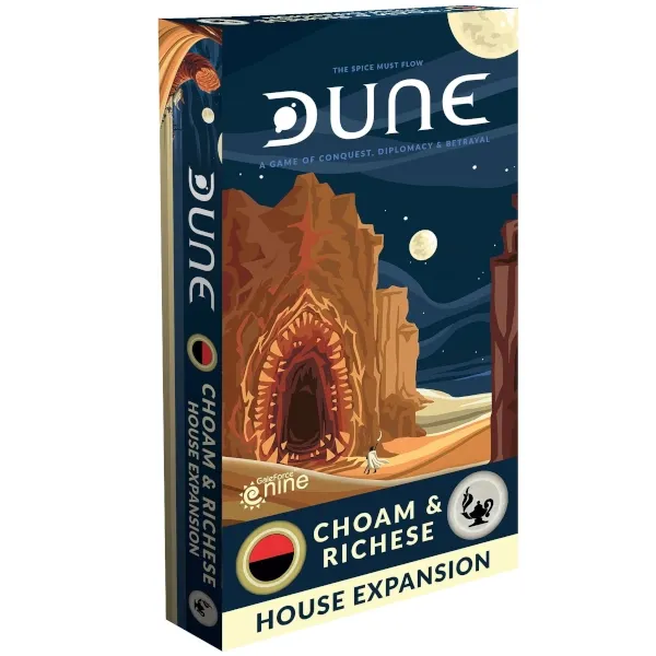 Dune CHOAM &amp; Richese House Expansion box front showing a sandworm on Arrakis.