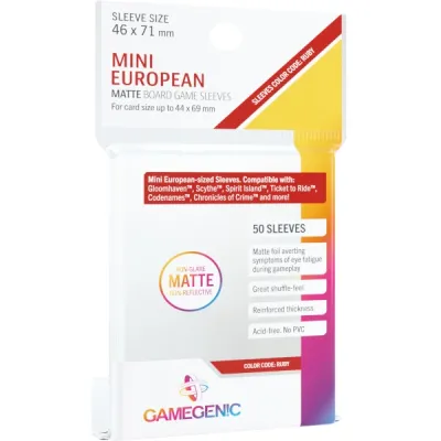 Gamegenic Matte Mini European Card Sleeves 46 x 71 mm Ruby 50-pack package front.