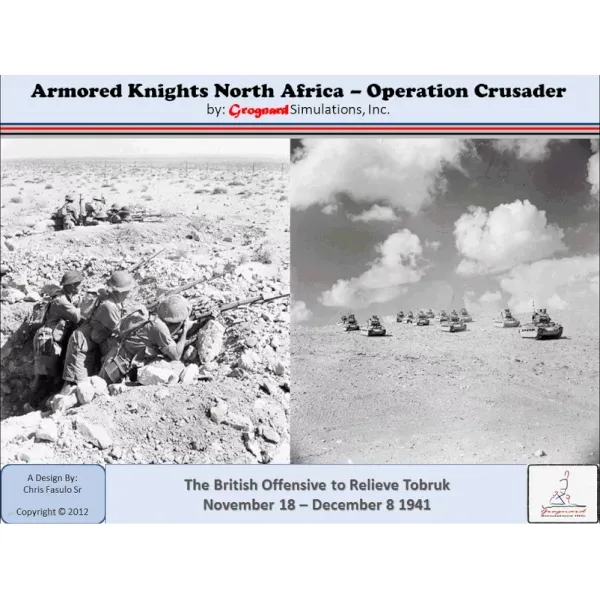 Box cover of Armored Knights North Africa: Operation Crusader, with desert infantry and tanks.