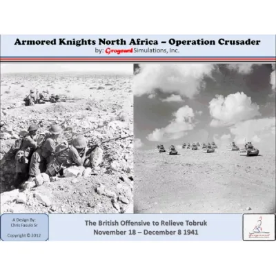 Box cover of Armored Knights North Africa: Operation Crusader, with desert infantry and tanks.