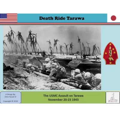 Box cover of Death Ride: Tarawa, showing US Marines landing among wrecked palms and amphibious vehicles.