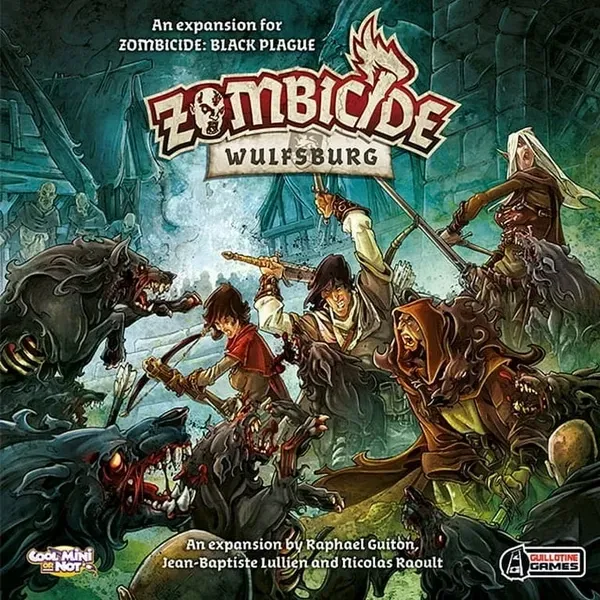 Zombicide: Black Plague – Wulfsburg expansion cover with Survivors fighting zombie wolves.