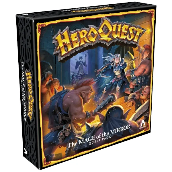 HeroQuest The Mage of the Mirror Quest Pack box front showing heroes battling monsters in a dungeon.