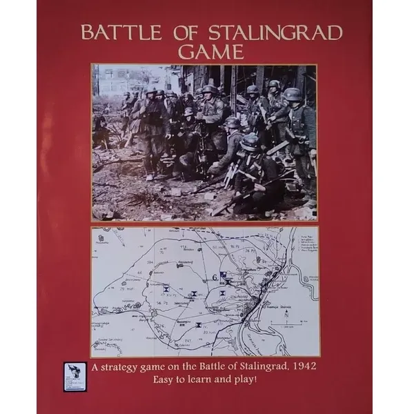 Battle of Stalingrad strategy game cover with German troops photo and 1942 battle map.