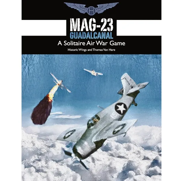 MAG-23: Guadalcanal solitaire air war game cover with U.S. fighter aircraft in Pacific combat.