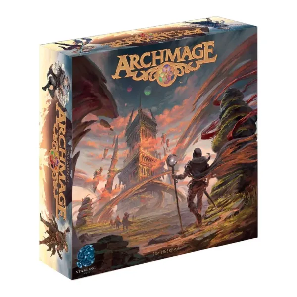 Archmage box front with a mage approaching a magical tower in a colourful fantasy landscape.