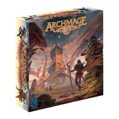 Archmage box front with a mage approaching a magical tower in a colourful fantasy landscape.