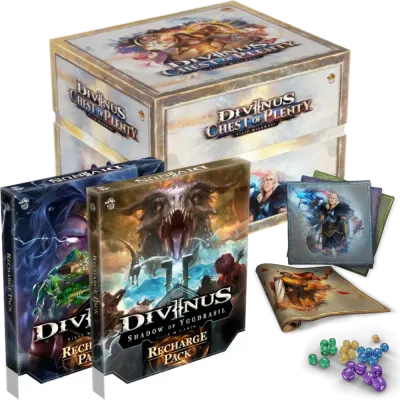Divinus Chest of Plenty Pledge with big box, recharge packs, cards, neoprene mat, dice, and campaign components.
