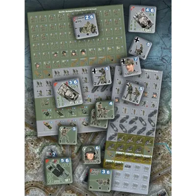 Noville: Bastogne’s Outpost counters overview with German units, leaders, weapons, and vehicle counters.