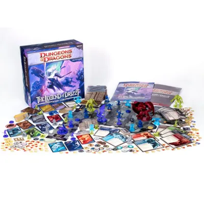 Dungeons &amp; Dragons The Legend of Drizzt components with box, tiles, miniatures, cards, books, and tokens.