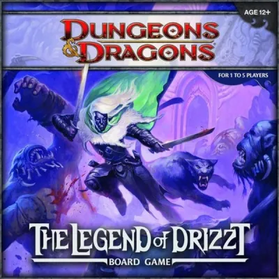 Dungeons &amp; Dragons The Legend of Drizzt Board Game box front with Drizzt and fantasy monsters.